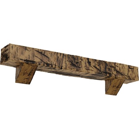 EKENA MILLWORK Hand Hewn Faux Wood Fireplace ManteL w/Breckinridge Corbels, NaturaL Golden Oak, 4"H x 4"D x 48"W MANUHH04X04X48BKNG